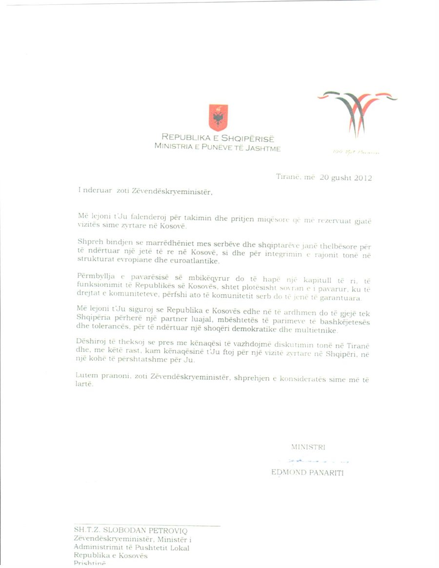 Ministar Edmond Panariti je poslao pismo zahvale zameniku premijera  Petrović